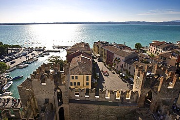 Harbour and historic centre next to the Scaligero Castle, Sirmione, Lake Garda, Lago di Garda, Lombardy, Italy, Europe