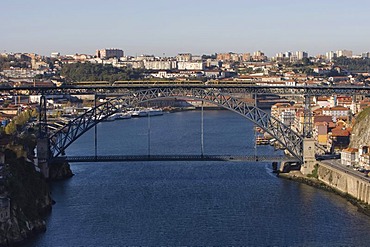 View from Maria Pia Bridge to Porto with River Rio Duoro, at the back Porte de Luis Bridge, Porto, UNESCO World Heritage Site, Portugal, Europe