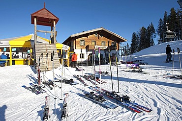 Skiers leaving their ski equipment outside for Apres-ski, after skiing, on Grubigalm mountain, Lermoos, Tyrol, Austria, Europe