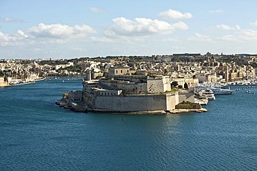 Grand Harbour, view from Valletta of Fort St. Angelo, Valletta, Malta, Europe