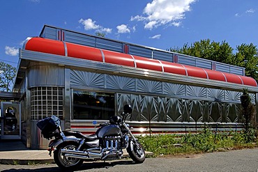 Motorbike in front of an American Diner Restaurant, Blairstown, New Jersey, USA