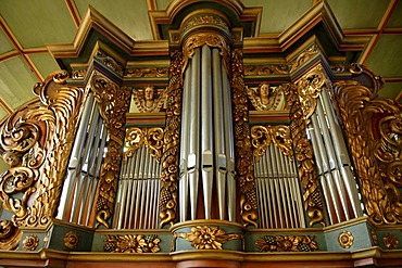 Old ornamental organ in a church, Unfinden, Lower Franconia, Bavaria, Germany, Europe