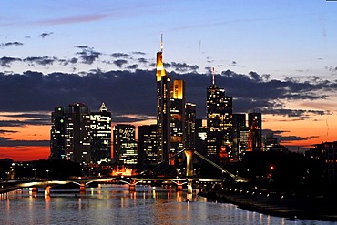 Skyline just after sunset with offices and high rise in the banking district, Frankfurt am Main, Hessen, Germany, Europe