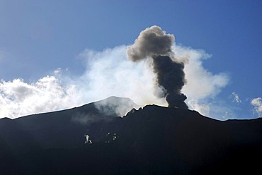 Volcanic eruption with black smoke, Stromboli Volcano, Stromboli Island, Aeolian or Lipari Islands, Sicily, South Italy, Italy, Europe