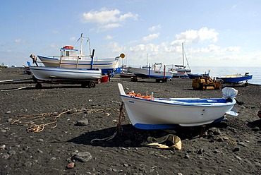 Fishing boats on a black sandy beach on Stromboli Island, Aeolian or Lipari Islands, Sicily, South Italy, Italy, Europe