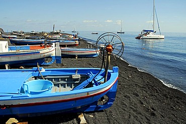 Colourful fishing boats on a black sandy beach on Stromboli Island, Stromboli volcano, Aeolian or Lipari Islands, Tyrrhenian Sea, Sicily, South Italy, Italy, Europe