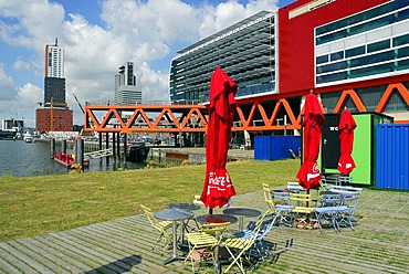 Luxor theatre, modern architecture at Wilhelminapier, Bar Cafe Terrace at Wilhelminaplein, Rijnhaven, Rotterdam, South Holland, the Netherlands, Europe