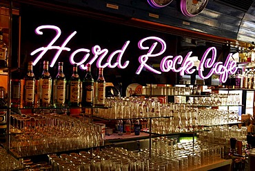 Hard Rock Cafe, bar with pink neon lettering, old city, Heidelberg, Neckar Valley, Baden-Wuerttemberg, Germany, Europe