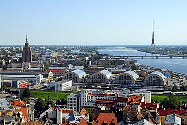 View from the St. Peter's Cathedral on the Central Market, Centraltirgus, the Daugava, Duena river and the television tower, Riga, Latvia, Baltic States, Northeast Europe