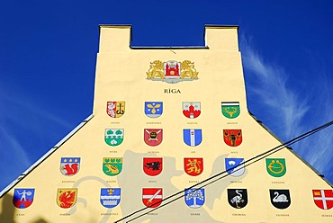 Gable, mural painting with various Latvian city crests in the historic center Vecriga, Riga, Latvia, Baltic States, Northeast Europe