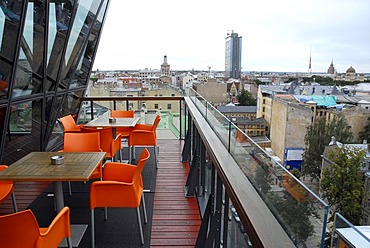 Albert Hotel restaurant, a modern high rise hotel in the Dzirnavu iela Street with skyline view from the Lounge Bar cafe terraced balcony, Riga, Latvia, Latvija, Baltic States, Northeast Europe