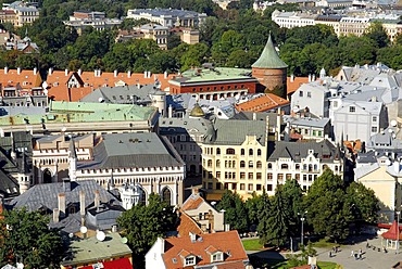 View from St. Peter's Church, Sv. Petera baznica, over the Pulvertornis, Powder Tower, in the historic town centre, Vecriga, Riga, Latvia, Baltic states, Northeastern Europe