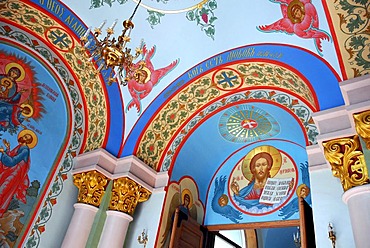 Colourful murals in the interior of the entrance area, Russian Orthodox Cathedral, Kristus Piedzimsanas pareizticigo Katedrale, Orthodox Church of Christ's Birth, Riga, Latvia, Baltic states, Northeastern Europe