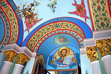 Colourful murals in the interior of the entrance area, Russian Orthodox Cathedral, Kristus Piedzimsanas pareizticigo Katedrale, Orthodox Church of Christ's Birth, Riga, Latvia, Baltic states, Northeastern Europe