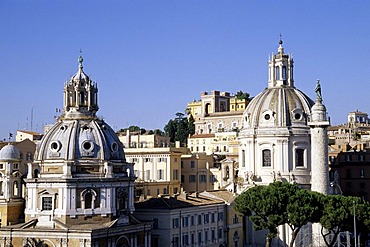 View of the Collonna Traiana Column from the Vittoriano, two church domes, Prefettura, imperial foras, Fori Imperiali, Foro di Traiano, Piazza Venezia Square, Rome, Italy, Europe