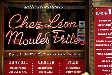 Chez Leon, Moules Frites, illuminated writing in a restaurant window, Rue des Bouchers, Ilot Sacre, Brussels, Belgum, Benelux, Europe