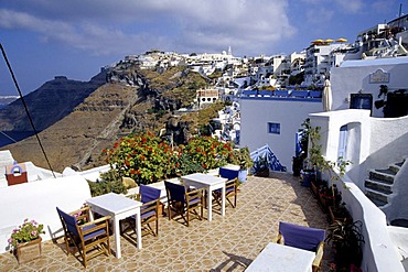 Fira, capital city, with its white houses at the crater rib of the volcano, view of the caldera, Island of Santorini, Thera or Thira, Cyclades, the Aegean, Mediterranean Sea, Greece, Europe