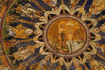 Baptism mosaic on the Cathedral baptistery ceiling, Ravenna, Italy, Europe