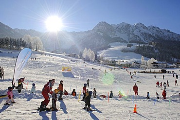 Skiing school for children Walchsee Lake, ski region Zahmer Kaiser, Tyrol, Austria, Europe