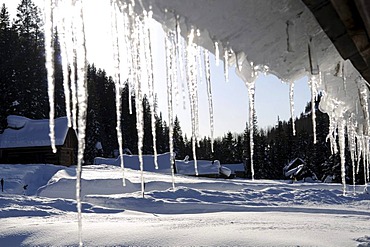 Curtain of icicles on Dunton Hot Springs Lodge in Colorado, USA