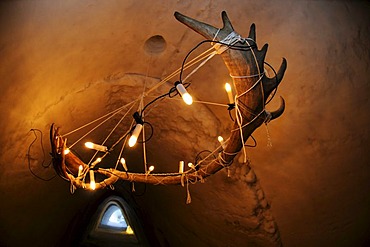 Caribou-antlers as lamp in igloo-hotel, Snow Hotel, Kirkenes, Finnmark, Lapland, Norway, Scandinavia, Europe