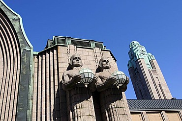 Main train station with Art Nouveau statues, Helsinki, Finland, Europe