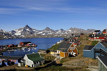 Village in Kong Oscar Fjord, Tasiilaq, Ammassalik, East Greenland, Greenland