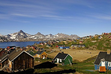 Village in Kong Oscar Fjord, Tasiilaq, Ammassalik, East Greenland, Greenland