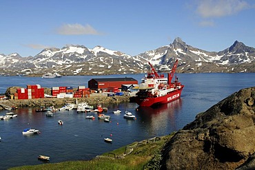 Supply ship of Royal Arctic Line in Kong Oscar Fjord, Ammassalik, East Greenland, Greenland