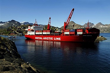 Supply ship of Royal Arctic Line in Kong Oscar Fjord, Ammassalik, East Greenland, Greenland