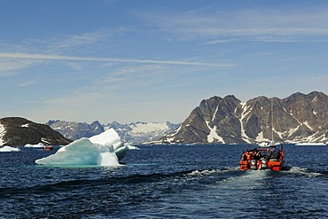 Boat transfer, icebergs in Ammassalik, East Greenland, Greenland