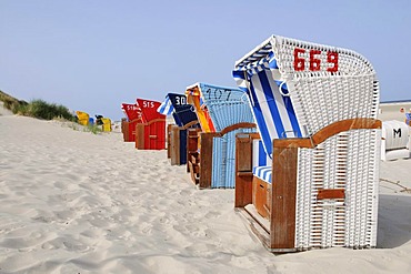 Beach chairs by Norddorf, Amrum island, North Frisia, North Sea, Schleswig-Holstein, Germany, Europe