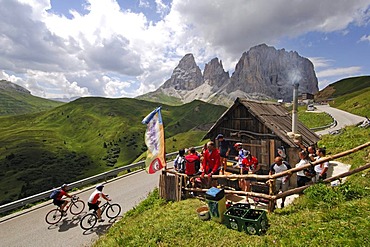 Racing cyclists on Passo Sella mountain pass, Sella Ronda Bikeday, Val Gardena, Alto Adige, Dolomites, Italy, Europe