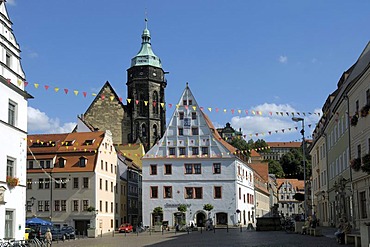 Market, Canaletto house, St Marien parish church, Pirna, Saxony, Germany, Europe