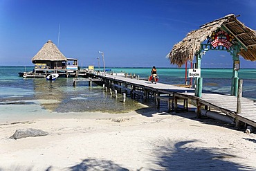 Restaurant at the end of a pier in the ocean of San Pedro, Ambergris Cay Island, Belize, Central America, Caribbean