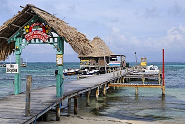 Restaurant at the end of a pier in the ocean of San Pedro, Ambergris Cay Island, Belize, Central America, Caribbean