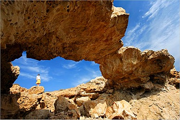 Kamara Tou Koraka, woman at a rock arch, Cape Gkreko Peninsula, Larnaca, Cyprus, Asia