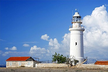 White lighthouse, house, red roof, blue sky, white clouds, Paphos, Pafos, Cyprus, Europe