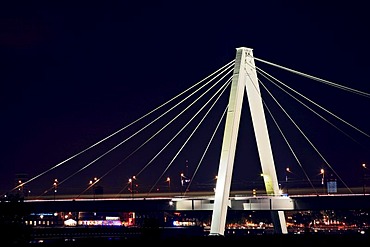 Cable-stayed bridge, Severinsbruecke, night photograph, Cologne, North Rhine-Westphalia, Germany