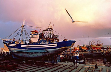 Trawler in the shipyard of Essaouira harbour, Morocco, Africa