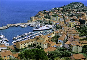 View of the harbour with ferry, Giglio Porto, Giglio Island, Grosseto Province, Tuscany, Italy, Europe