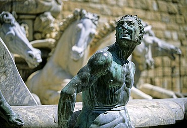 Bronze sculpture of a satyr on the Neptune Fountain, Piazza della Signoria, Florence, Firenze, Tuscany, Italy, Europe