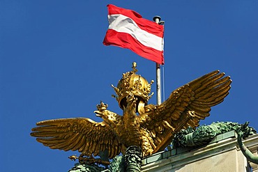 Imperial double-headed eagle and the Austrian flag on the roof of the national library, Hofburg Imperial Palace, Vienna, Austria, Europe