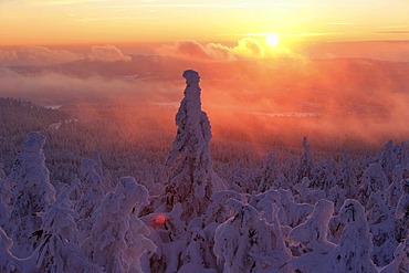 View from the Brocken mountain over a winter landscape deeply covered in snow, sunset, Saxony-Anhalt, Germany