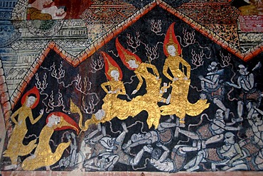 Old Buddhist wall paintings of inspiration and suffering in the Wat Pa Huak temple, Phu Si Berg, Luang Prabang, Laos, South East Asia