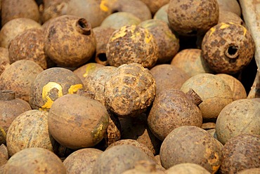 Collection of old rusty American bombs, "Bombies", dropped on Laos during the 2nd Indochina war by the US Airforce, Vietnam war, Phonsavan, Xieng Khuang Province, Laos, South East Asia