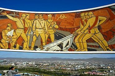 Mosaic memorial for Soviet soldiers and a view over the city of Ulan Bator, Mongolia, Asia