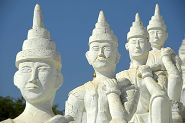 White figurines in a row, one below and in front of the other at a Buddhist temple, Mingun, near Mandalay, Burma, Myanmar, Southeast Asia