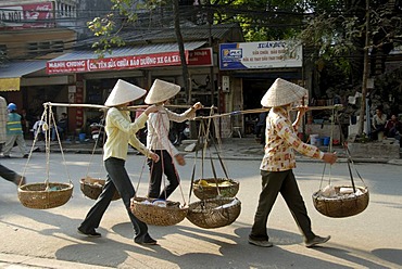 Three Vietnamese woman wearing rice hats and carrying baskets on their shoulders, Hanoi, Vietnam, Asia