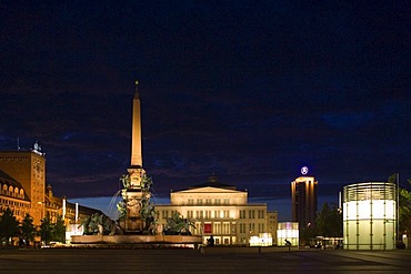 Augustusplatz Square at dusk, clock tower and the Krochhaus building, Mendebrunnen Fountain, opera house, Leipzig, Saxony, Germany, Europe